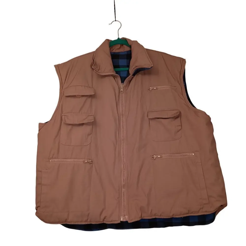 Branded Lion Big Man Reversible Outdoor Work Vest Khaki Blue Buffalo Plaid 2XB